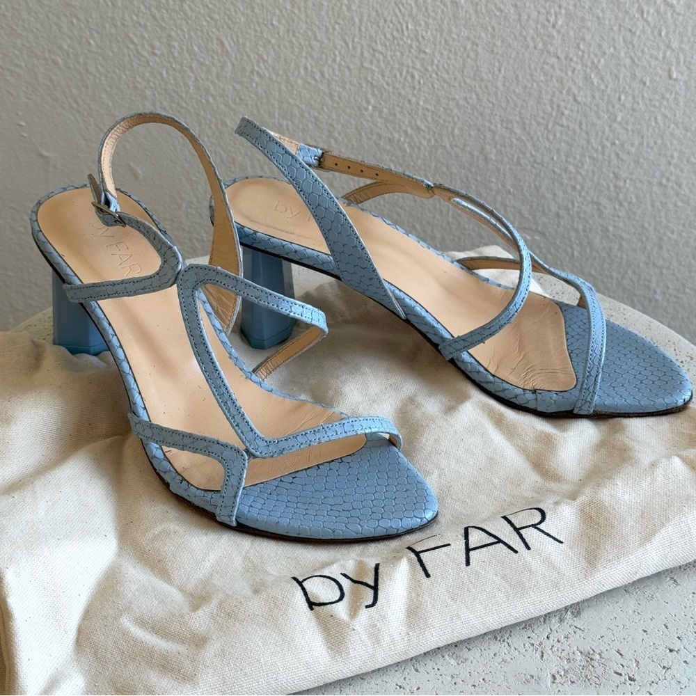 BY FAR Brigette pastel blue leather snake print sandals, size 36. - Picture 7 of 9